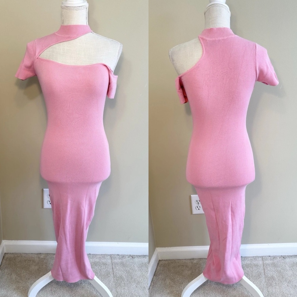 Hera Collection M Dress Pink Bodycon Short Sleeve One Shoulder Mock Neck Knit
